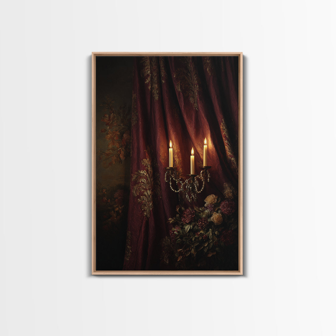 Velvet Drapery with Pearls Flowers and Candlelight Canvas Print, Baroque Art, Portrait Painting, Living Room Decor, Ornate, BAO-2x3-35