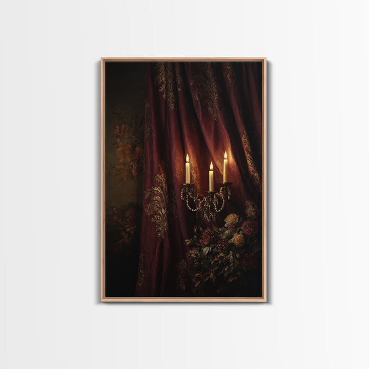 Velvet Drapery with Pearls Flowers and Candlelight Canvas Print, Baroque Art, Portrait Painting, Living Room Decor, Ornate, BAO-2x3-35