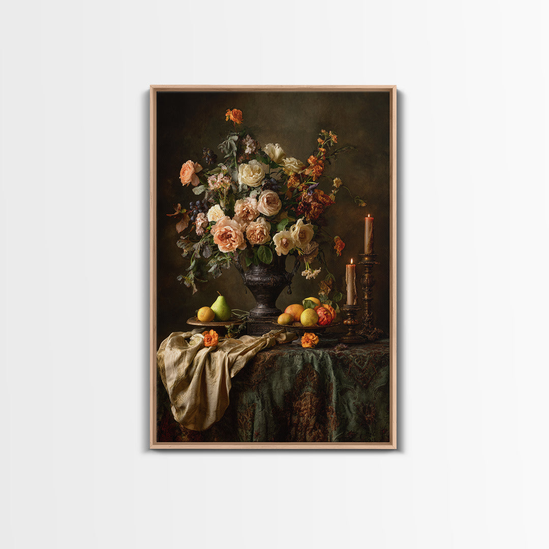 Dark Floral Arrangement Framed Canvas Print, Baroque Art, Decor, Living Room Decor, Fine Art, Ornate, Moody Wall Art, BAO-2x3-36