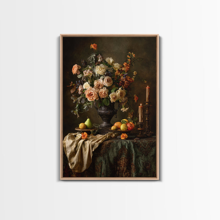 Dark Floral Arrangement Framed Canvas Print, Baroque Art, Decor, Living Room Decor, Fine Art, Ornate, Moody Wall Art, BAO-2x3-36