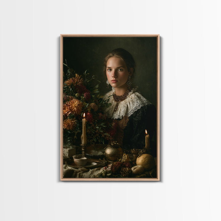 Classical Portrait with Lace Collar and Jewel Canvas Print, Baroque Art, Gallery Wall, Living Room Decor, Oil Painting, Ornate, BAO-2x3-39