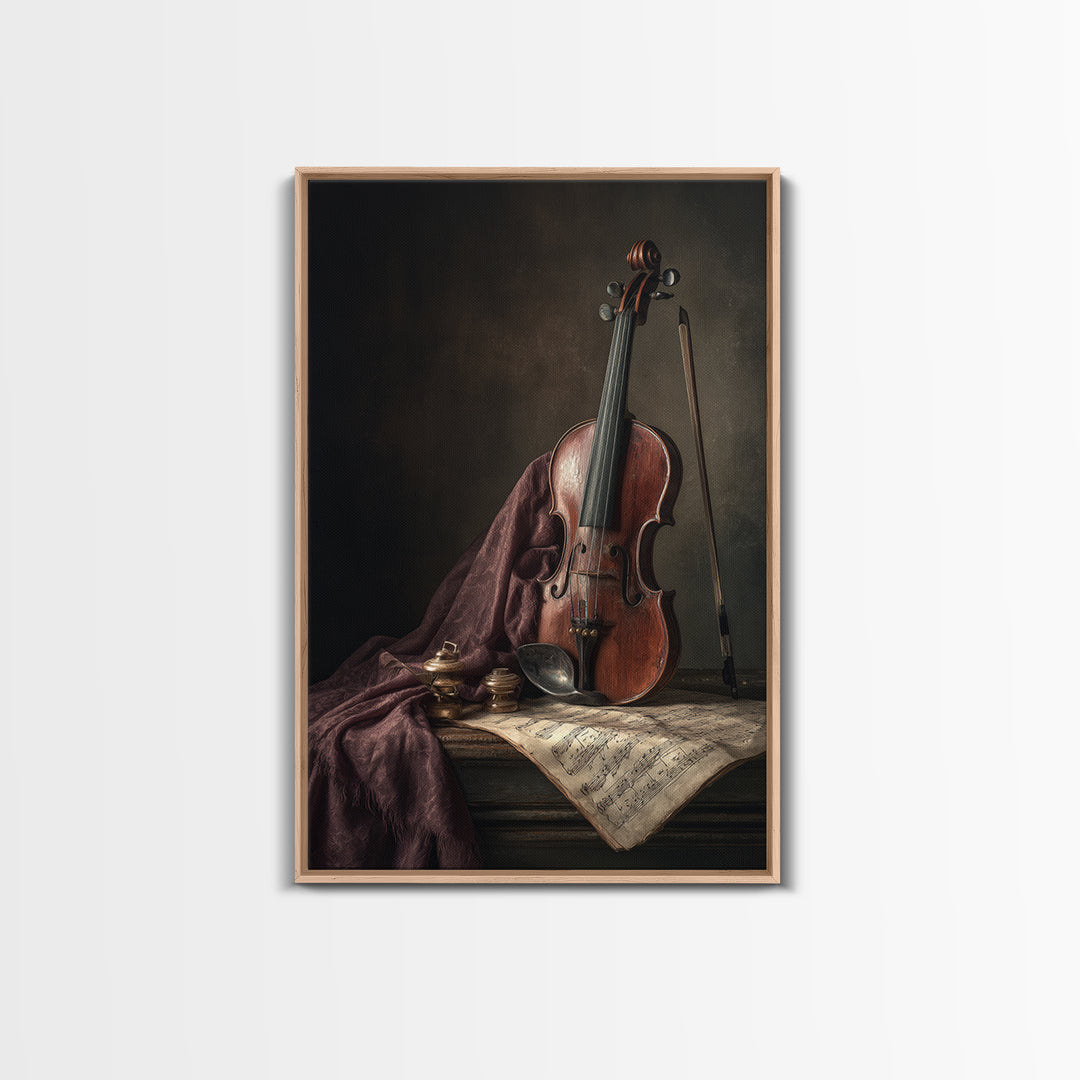 Baroque Violin and Sheet Music Still Life Framed Canvas Print, Baroque Art, Dark Academia Art, Living Room Decor, Ornate, BAO-2x3-43