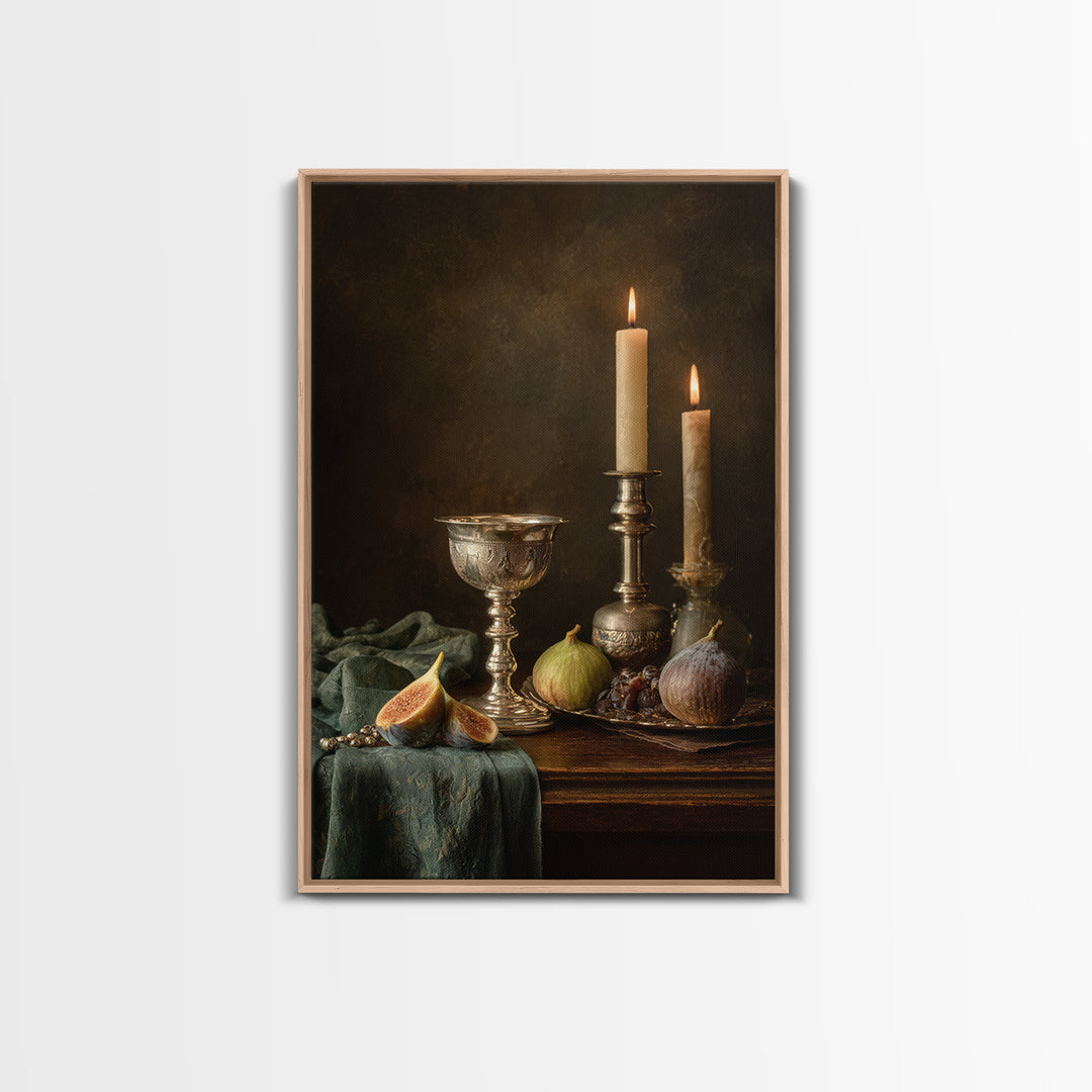Candlelit Table with Silver Goblet and Figs Canvas Print, Baroque Art, Fine Art Print, Living Room Decor, Fine Art, Ornate, BAO-2x3-45