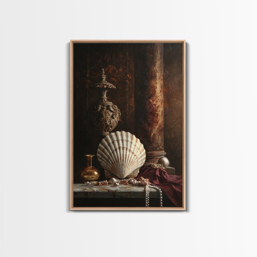 Ornamental Shell and Pearl Composition Framed Canvas Print, Baroque Art, Feminist Art, Living Room Decor, Fine Art, Ornate, BAO-2x3-6