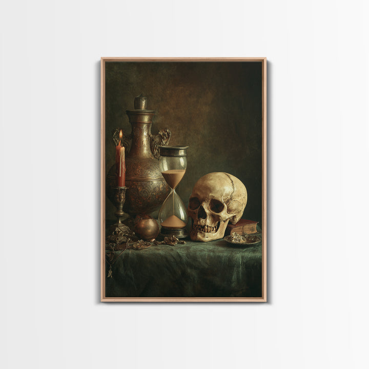 Skull and Hourglass Vanitas Still Life Canvas Print, Baroque Art, Luxury Decor, Living Room Decor, Ornate, Oil Painting, BAO-2x3-61