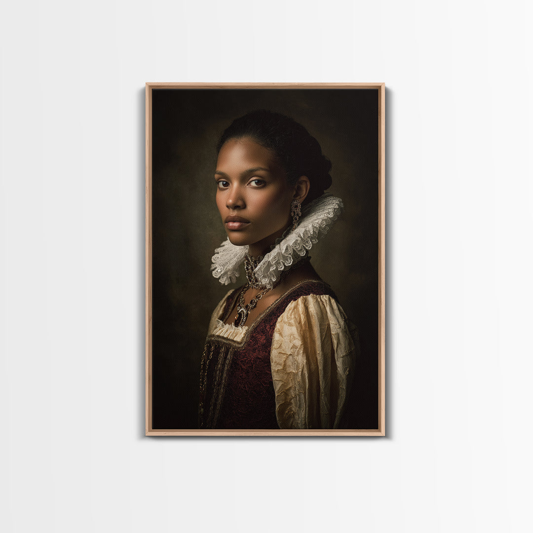 Classical Portrait with Lace Collar and Jewel Framed Canvas Print, Baroque Art, Feminist Art, Living Room Decor, Ornate, BAO-2x3-63