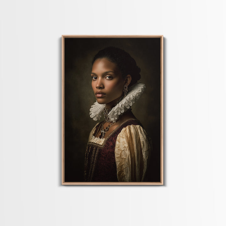 Classical Portrait with Lace Collar and Jewel Framed Canvas Print, Baroque Art, Feminist Art, Living Room Decor, Ornate, BAO-2x3-63