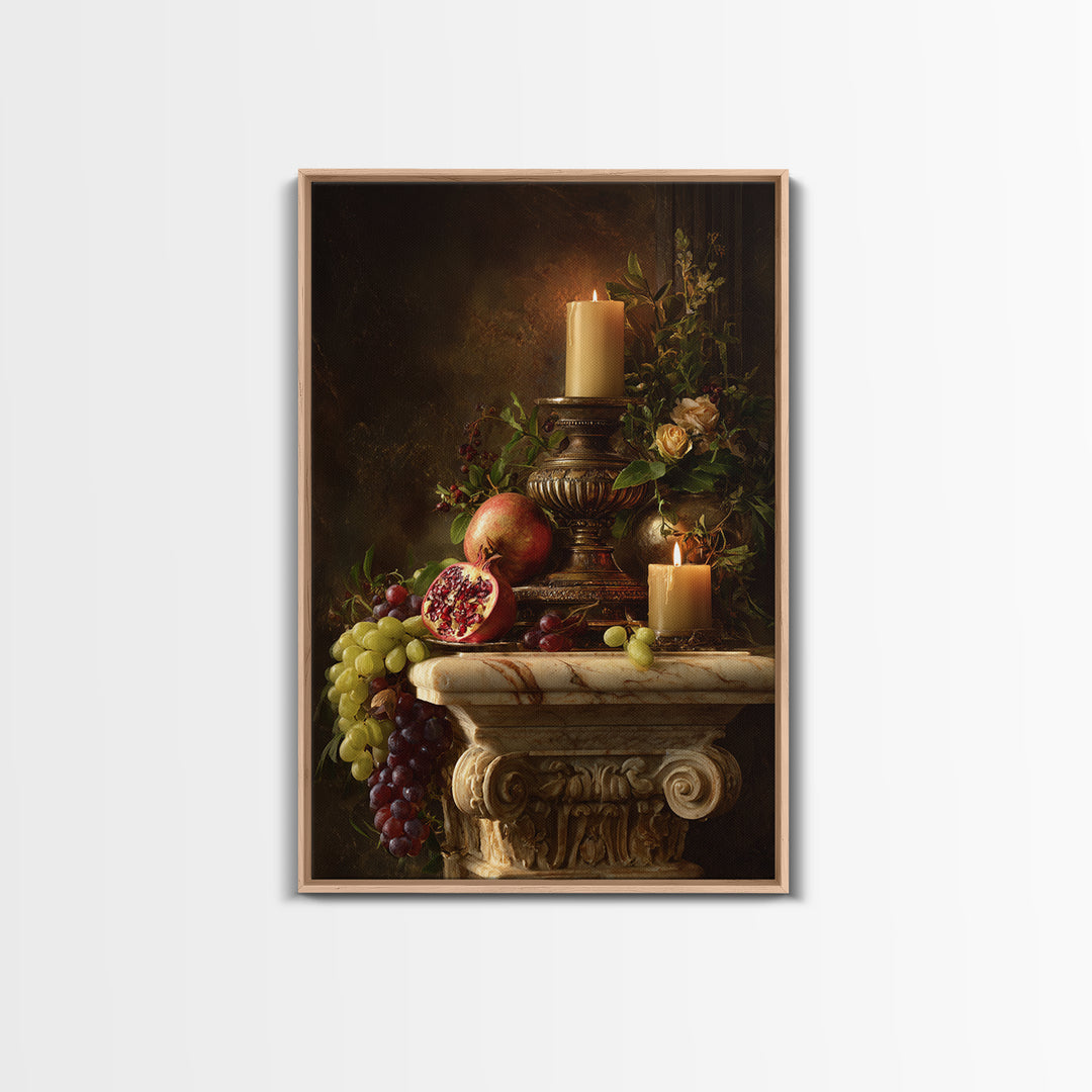 Pomegranate and Grapes on a Marble Ledge Framed Canvas Print, Baroque Art, Dark Academia Art, Living Room Decor, Ornate, BAO-2x3-64