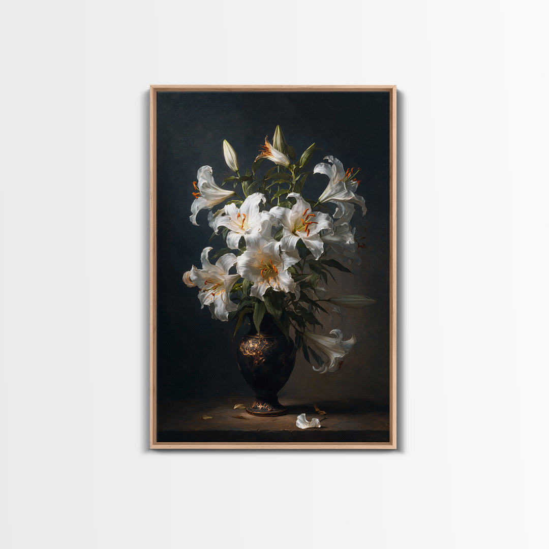 Dramatic White Lilies Framed Canvas Print, Baroque Art, Modern Decor, Living Room Decor, Fine Art, Ornate, Poster, Painting, BAO-2x3-68