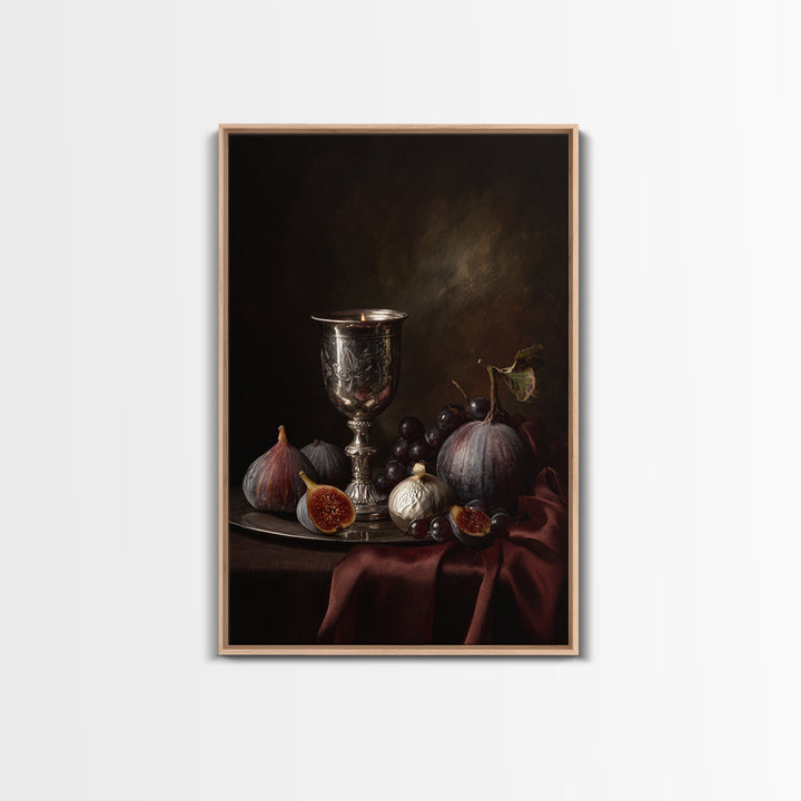 Candlelit Table with Silver Goblet and Figs Framed Canvas Print, Baroque Art, Room Decor, Living Room Decor, Fine Art, Ornate, BAO-2x3-69
