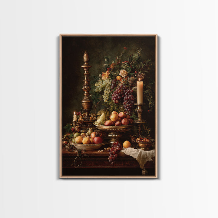 Lavish Banquet Fruit Composition Framed Canvas Print, Baroque Art, Textured Painting, Living Room Decor, Fine Art, Ornate, BAO-2x3-76