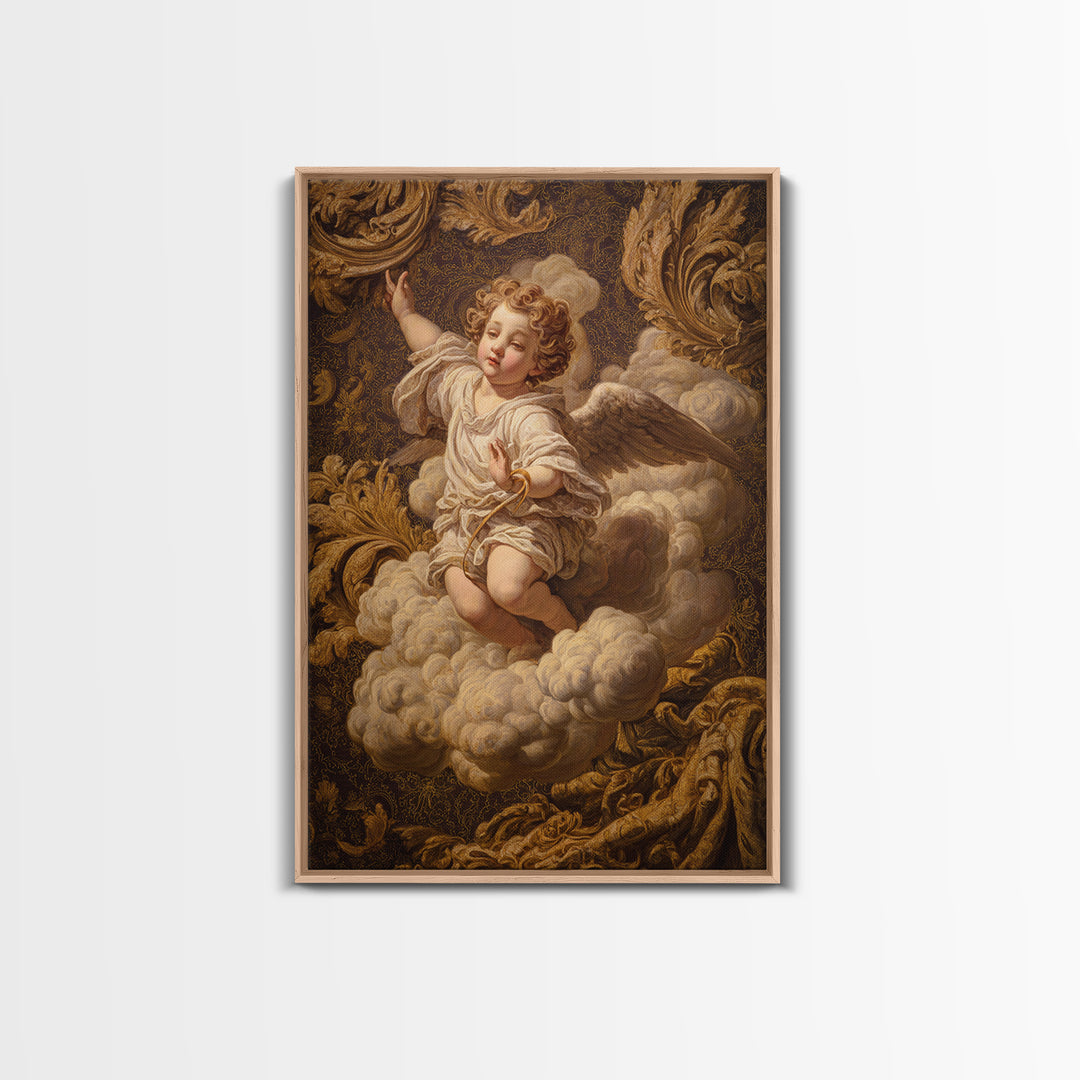 Ornate Cherub Figure Surrounded by Clouds and Canvas Print, Baroque Art, Luxury Decor, Living Room Decor, Fine Art, Ornate, BAO-2x3-82