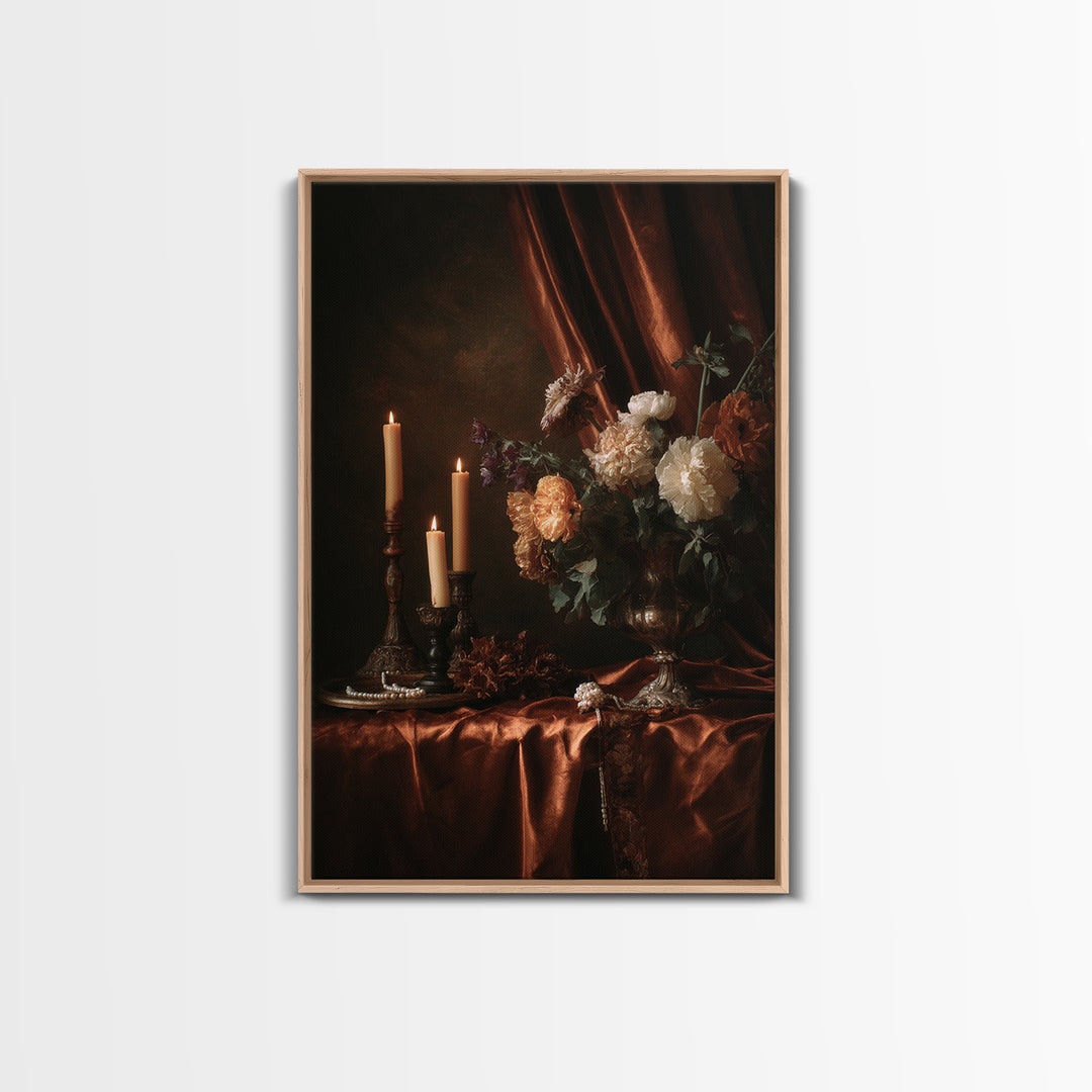 Velvet Drapery with Pearls Flowers and Candlelight Framed Canvas Print, Baroque Art, Boho Decor, Living Room Decor, Ornate, BAO-2x3-83
