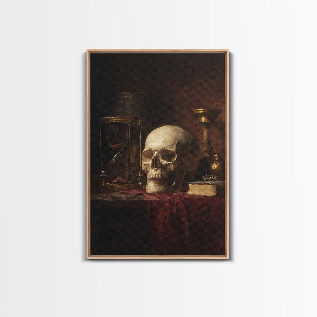 Skull and Hourglass Vanitas Still Life Framed Canvas Print, Baroque Art, Contemporary Art, Living Room Decor, Fine Art, Ornate, BAO-2x3-85