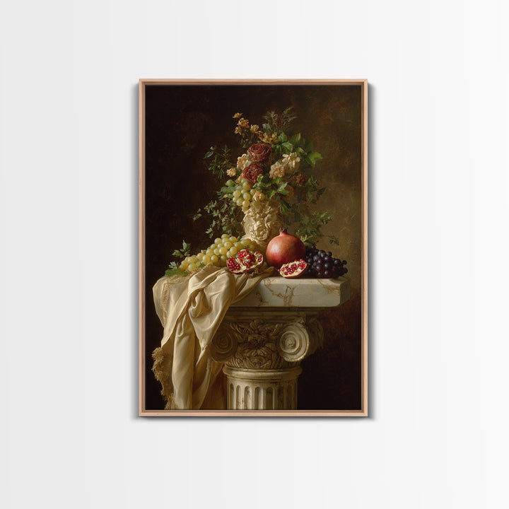Pomegranate and Grapes on a Marble Ledge Framed Canvas Print, Baroque Art, Neutral Decor, Living Room Decor, Fine Art, Ornate, BAO-2x3-88