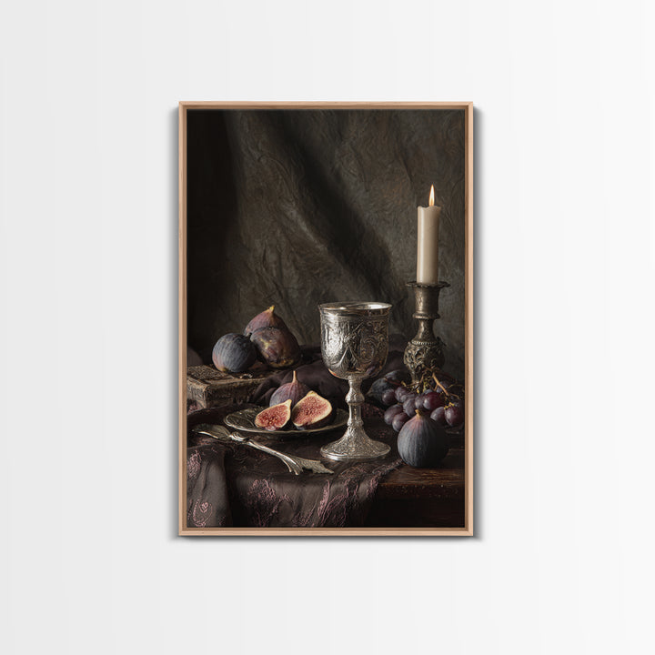 Candlelit Table with Silver Goblet and Figs Framed Canvas Print, Baroque Art, Room Decor, Living Room Decor, Fine Art, Ornate, BAO-2x3-93