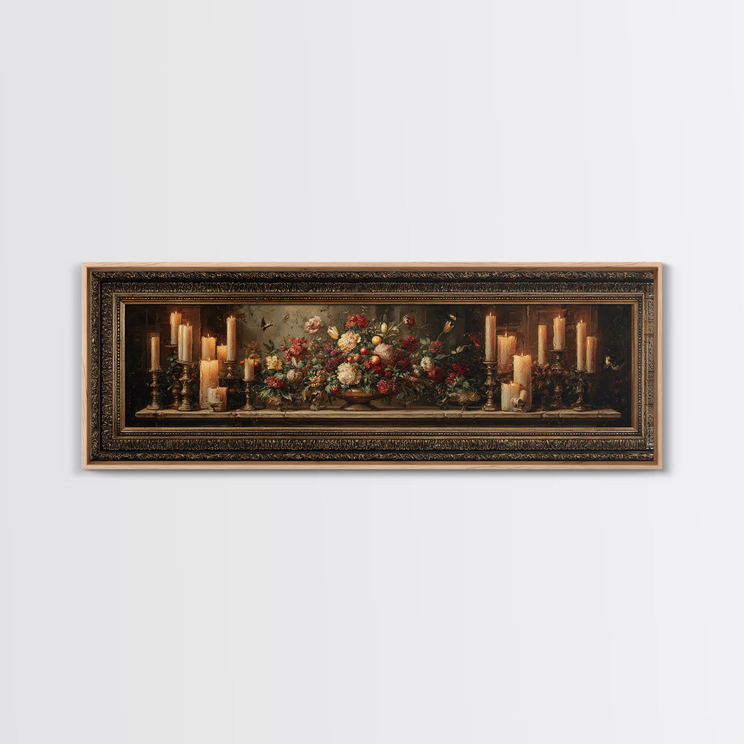 Ornate Gold Frame Illusion Around a Botanical Framed Canvas Print, Baroque Art, Wall Art, Living Room Decor, Fine Art, Ornate, BAO-3x1-1