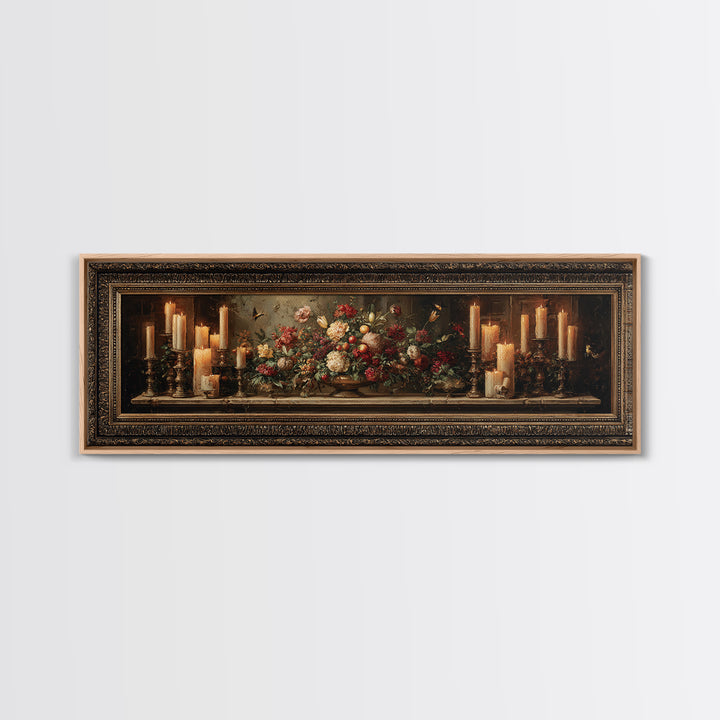 Ornate Gold Frame Illusion Around a Botanical Framed Canvas Print, Baroque Art, Wall Art, Living Room Decor, Fine Art, Ornate, BAO-3x1-1