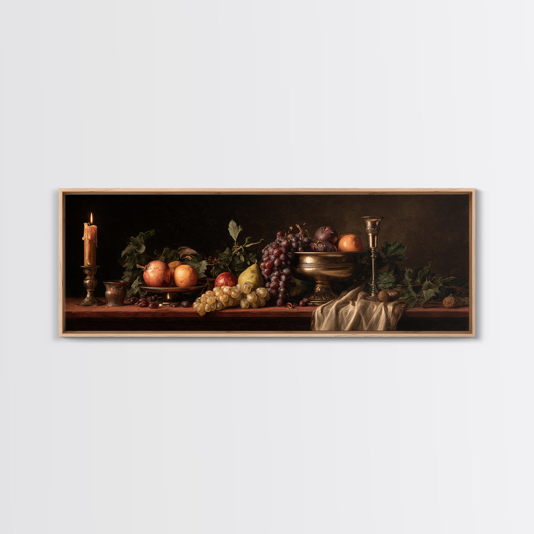Dramatic Fruit Still Life Framed Canvas Print, Baroque Art, Decor, Living Room Decor, Fine Art, Ornate, Moody Wall Art, BAO-3x1-17