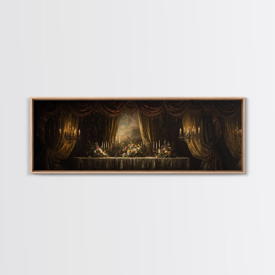 Velvet Drapery with Pearls Flowers and Candlelight Canvas Print, Baroque Art, Baroque, Living Room Decor, Watercolor Art, BAO-3x1-19