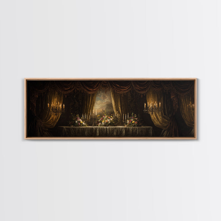 Velvet Drapery with Pearls Flowers and Candlelight Canvas Print, Baroque Art, Baroque, Living Room Decor, Watercolor Art, BAO-3x1-19