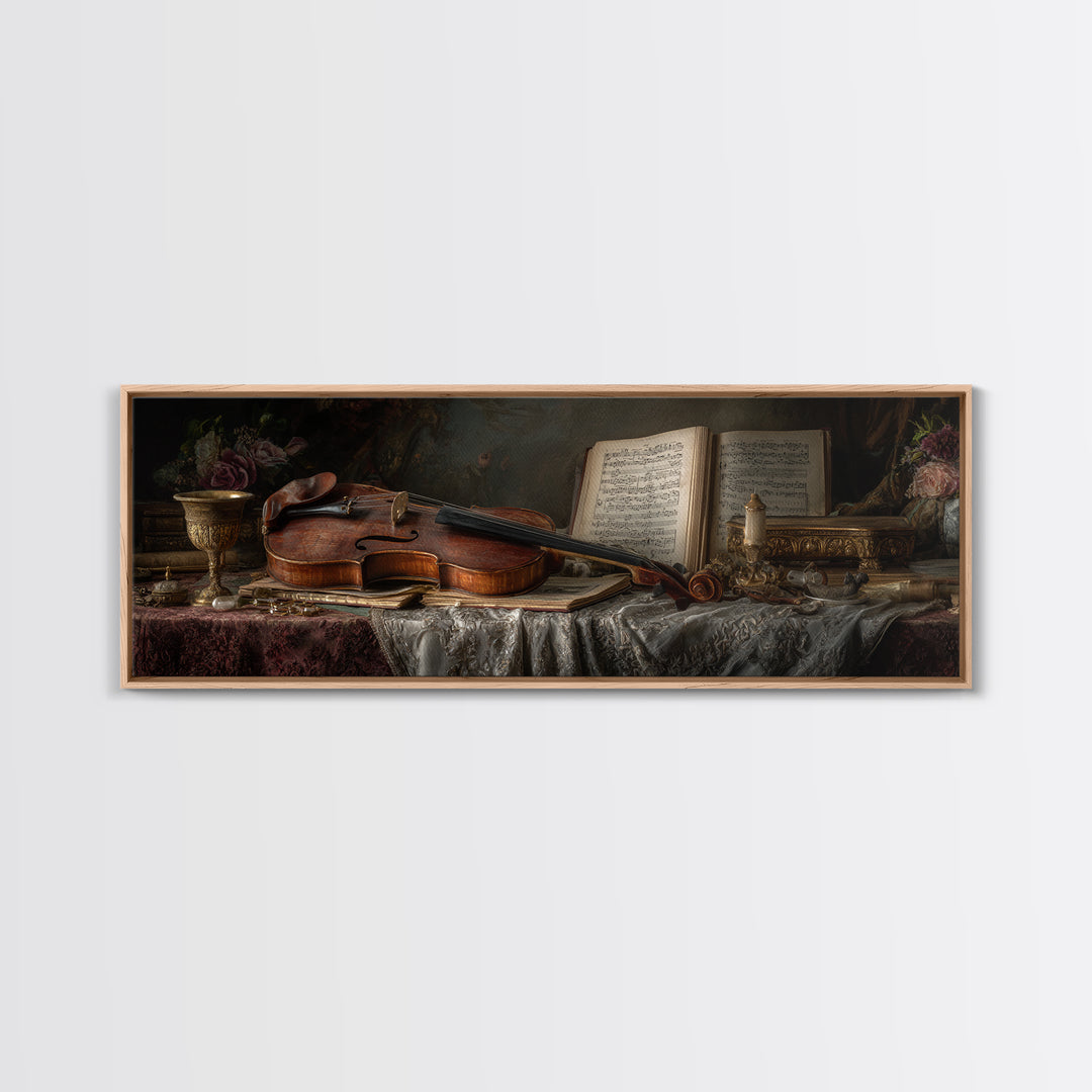 Baroque Violin and Sheet Music Still Life Framed Canvas Print, Baroque Art, Home Decor, Living Room Decor, Fine Art, Ornate, BAO-3x1-27