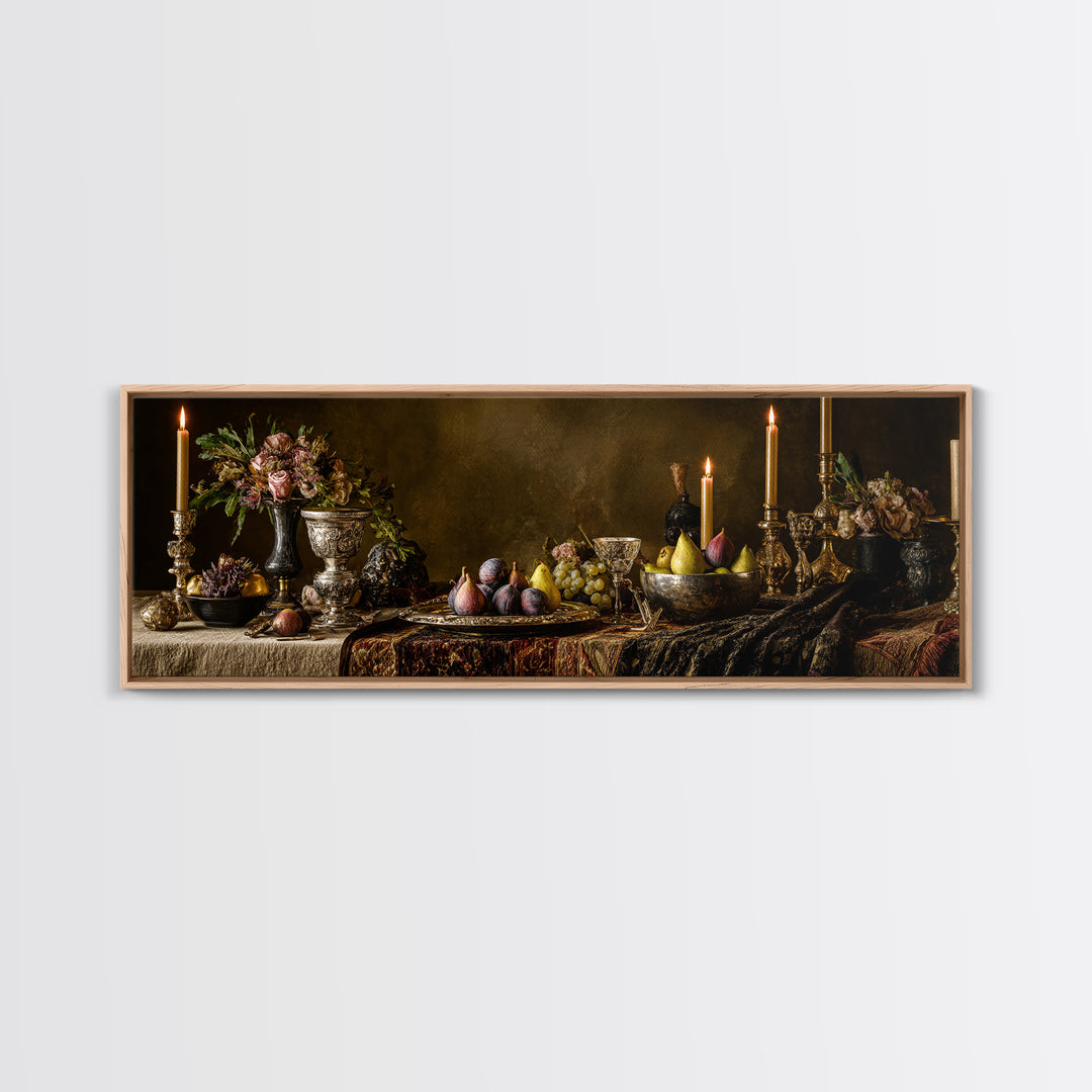 Candlelit Table with Silver Goblet and Figs Canvas Print, Baroque Art, Poster, Living Room Decor, Oil Painting, Ornate, BAO-3x1-29