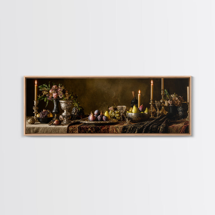 Candlelit Table with Silver Goblet and Figs Canvas Print, Baroque Art, Poster, Living Room Decor, Oil Painting, Ornate, BAO-3x1-29