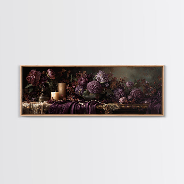 Velvet Drapery with Pearls Flowers and Candlelight Canvas Print, Baroque Art, Art Print, Living Room Decor, Fine Art, Ornate, BAO-3x1-43