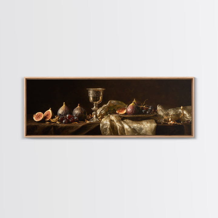 Candlelit Table with Silver Goblet and Figs Framed Canvas Print, Baroque Art, Oil Painting, Living Room Decor, Fine Art, Ornate, BAO-3x1-53