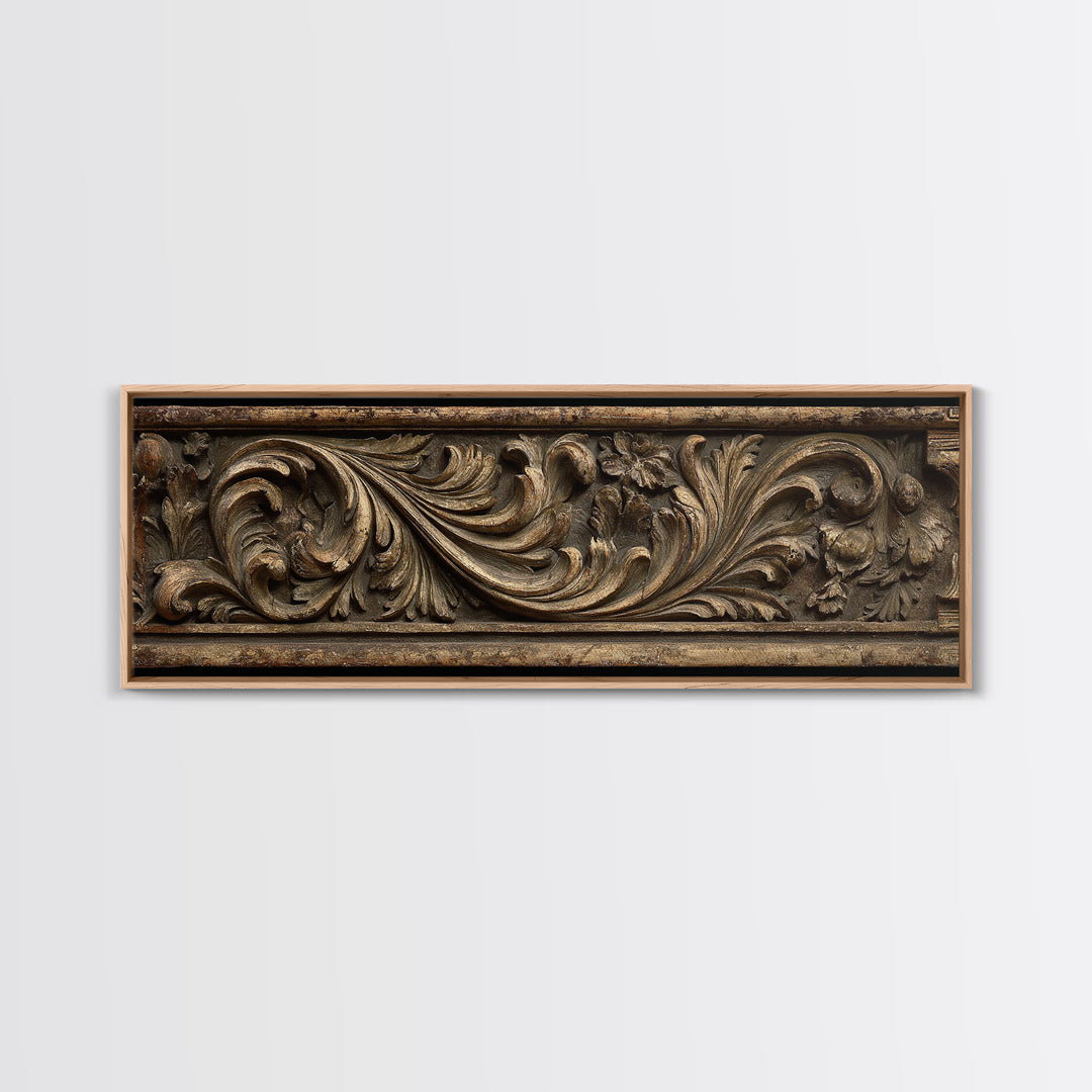Carved Acanthus Leaf Ornament Study Framed Canvas Print, Baroque Art, Boho Decor, Living Room Decor, Oil Painting, Ornate, BAO-3x1-55