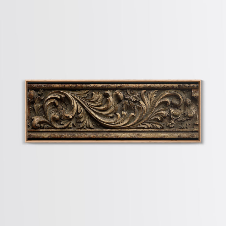 Carved Acanthus Leaf Ornament Study Framed Canvas Print, Baroque Art, Boho Decor, Living Room Decor, Oil Painting, Ornate, BAO-3x1-55