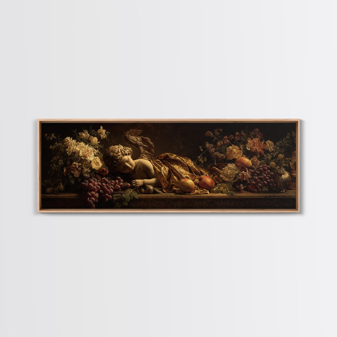 Ornate Cherub Figure Surrounded by Clouds and Canvas Print, Baroque Art, Living Room Decor, Oil Painting, Ornate, BAO-3x1-66