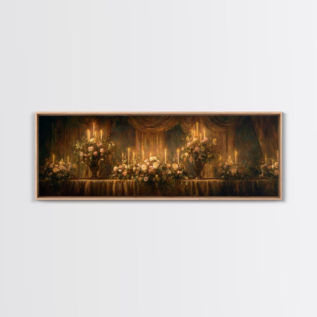 Velvet Drapery with Pearls Flowers and Candlelight Framed Canvas Print, Baroque Art, Wall Art, Living Room Decor, Ornate, BAO-3x1-67