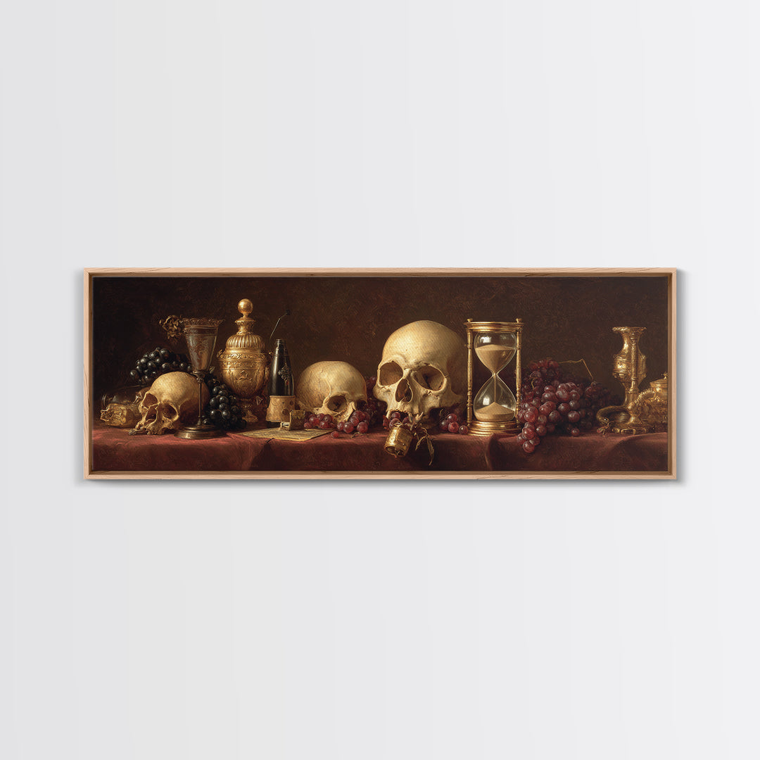 Skull and Hourglass Vanitas Still Life Framed Canvas Print, Baroque Art, Whimsical Decor, Living Room Decor, Fine Art, Ornate, BAO-3x1-69