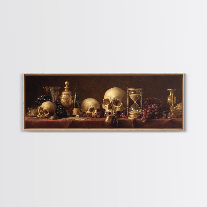 Skull and Hourglass Vanitas Still Life Framed Canvas Print, Baroque Art, Whimsical Decor, Living Room Decor, Fine Art, Ornate, BAO-3x1-69