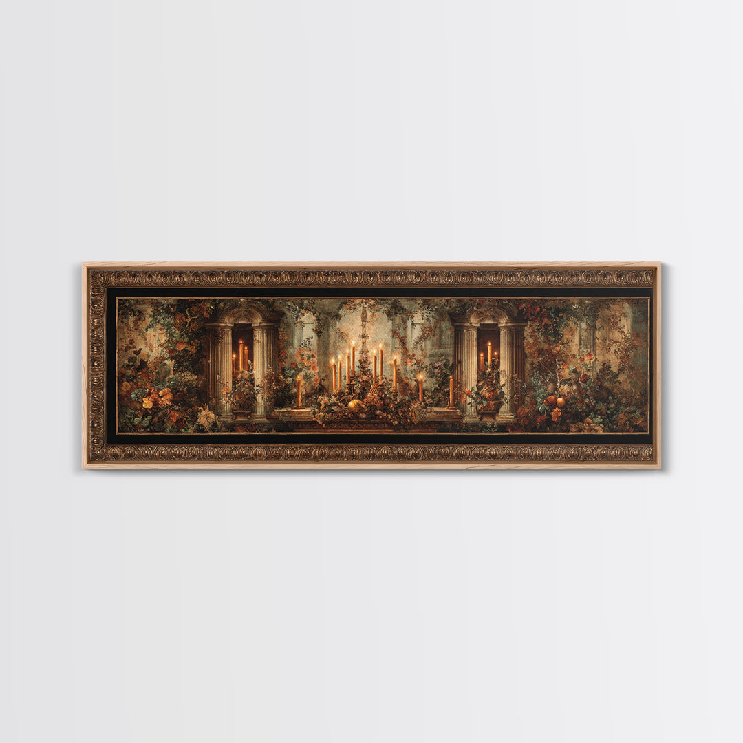 Ornate Gold Frame Illusion Around a Botanical Framed Canvas Print, Baroque Art, 3d Wall Art, Living Room Decor, Oil Painting, BAO-3x1-73