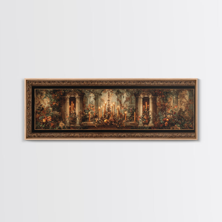 Ornate Gold Frame Illusion Around a Botanical Framed Canvas Print, Baroque Art, 3d Wall Art, Living Room Decor, Oil Painting, BAO-3x1-73