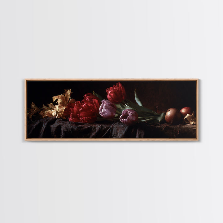 Black Background Tulips Canvas Print, Baroque Art, Gallery Wall, Living Room Decor, Ornate, Neutral Decor, Modern Decor, BAO-3x1-8