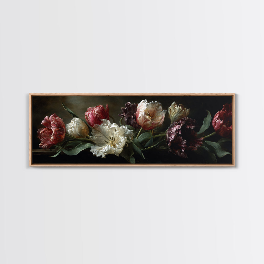 Black Background Tulips Canvas Print, Baroque Art, Minimalist Decor, Living Room Decor, Fine Art, Ornate, Whimsical Decor, BAO-3x1-80