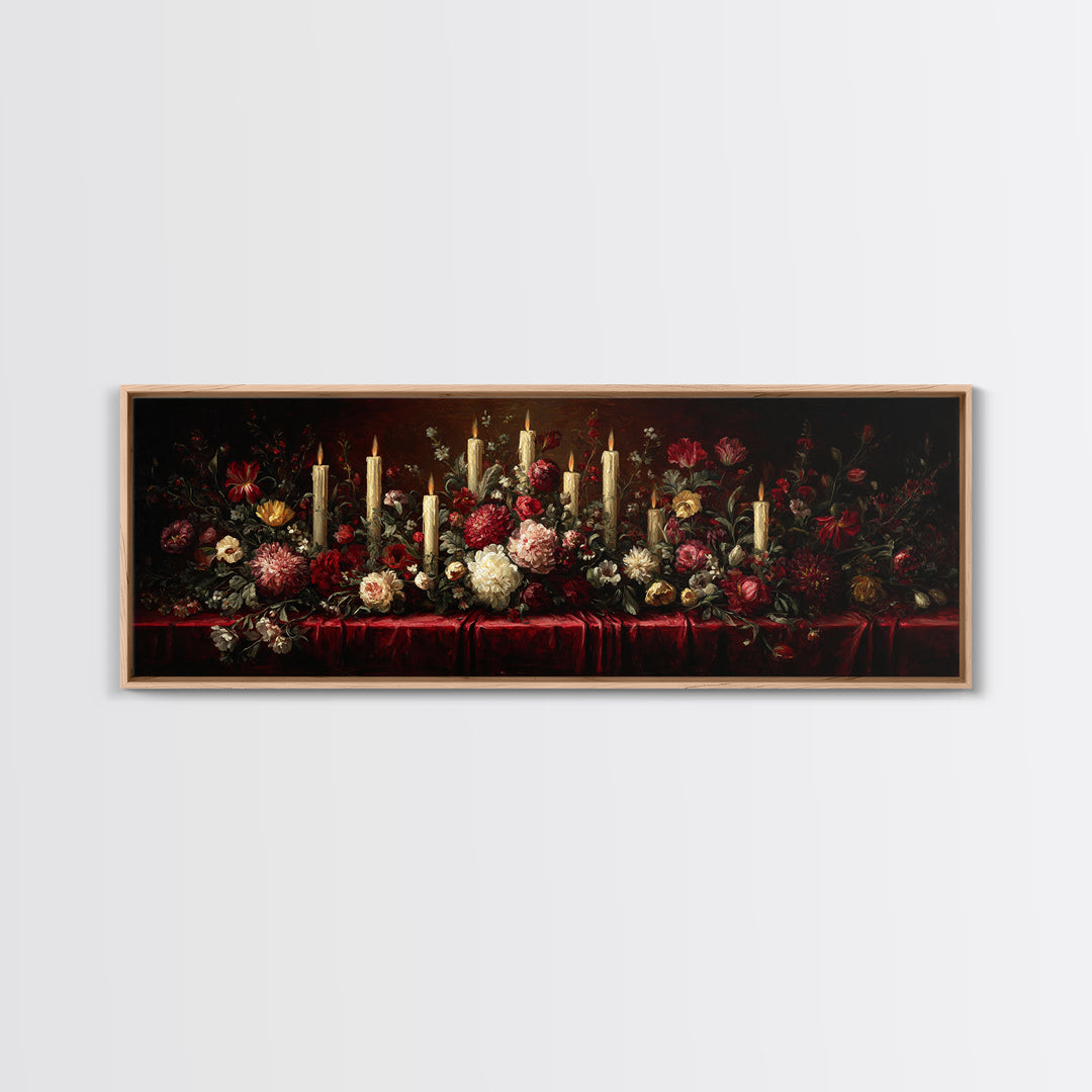 Velvet Drapery with Pearls Flowers and Candlelight Canvas Print, Baroque Art, Portrait Painting, Living Room Decor, Ornate, BAO-3x1-91