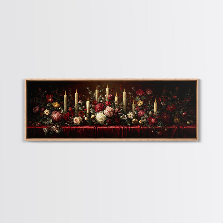 Velvet Drapery with Pearls Flowers and Candlelight Canvas Print, Baroque Art, Portrait Painting, Living Room Decor, Ornate, BAO-3x1-91