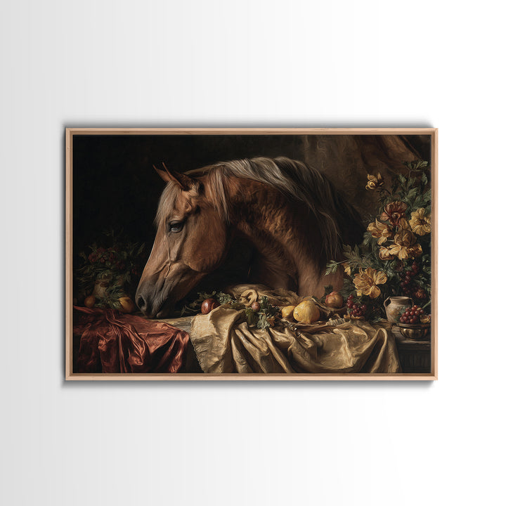 Dramatic Horse Portrait Framed Canvas Print, Baroque Art, Modern Wall Art, Living Room Decor, Oil Painting, Ornate, BAO-3x2-100