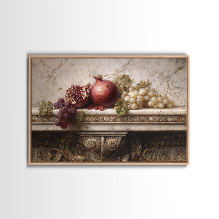 Pomegranate and Grapes on a Marble Ledge Canvas Print, Baroque Art, Luxury Decor, Living Room Decor, Fine Art, Ornate, BAO-3x2-12