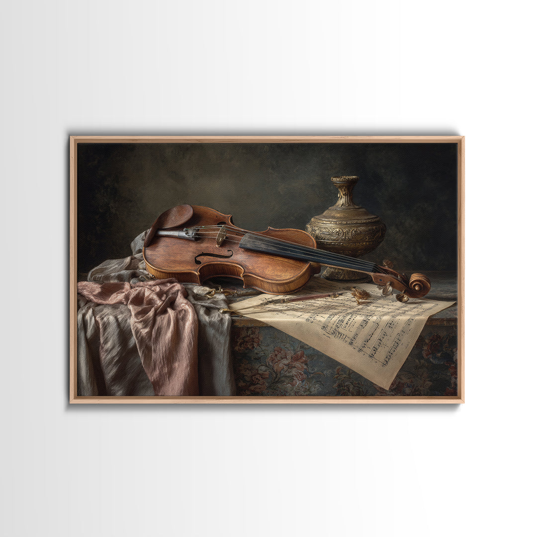 Baroque Violin and Sheet Music Still Life Framed Canvas Print, Baroque Art, Neutral Decor, Living Room Decor, Fine Art, Ornate, BAO-3x2-15