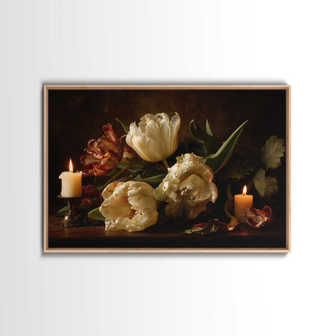 Black Background Tulips Framed Canvas Print, Baroque Art, Room Decor, Living Room Decor, Fine Art, Ornate, Digital Wall Art, BAO-3x2-20