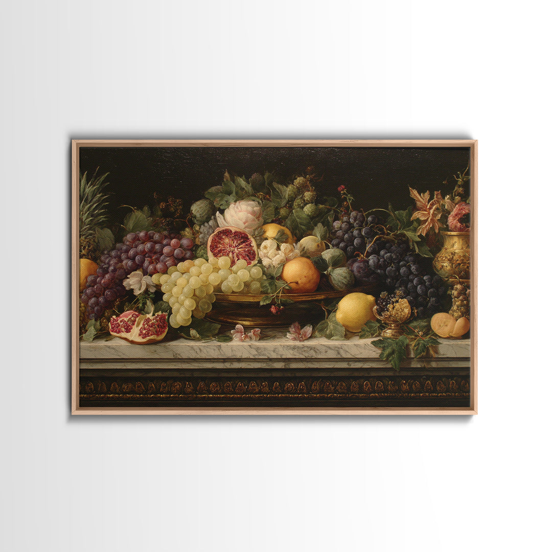 Lavish Banquet Fruit Composition Framed Canvas Print, Baroque Art, Textured Painting, Living Room Decor, Fine Art, Ornate, BAO-3x2-24