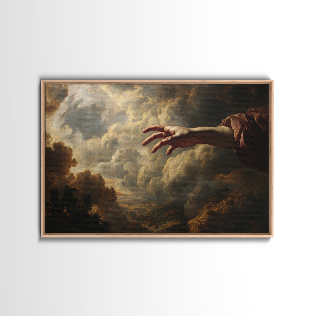 Angelic Hand Reaching Through Clouds Framed Canvas Print, Baroque Art, Painting, Living Room Decor, Abstract Art, Ornate, BAO-3x2-25