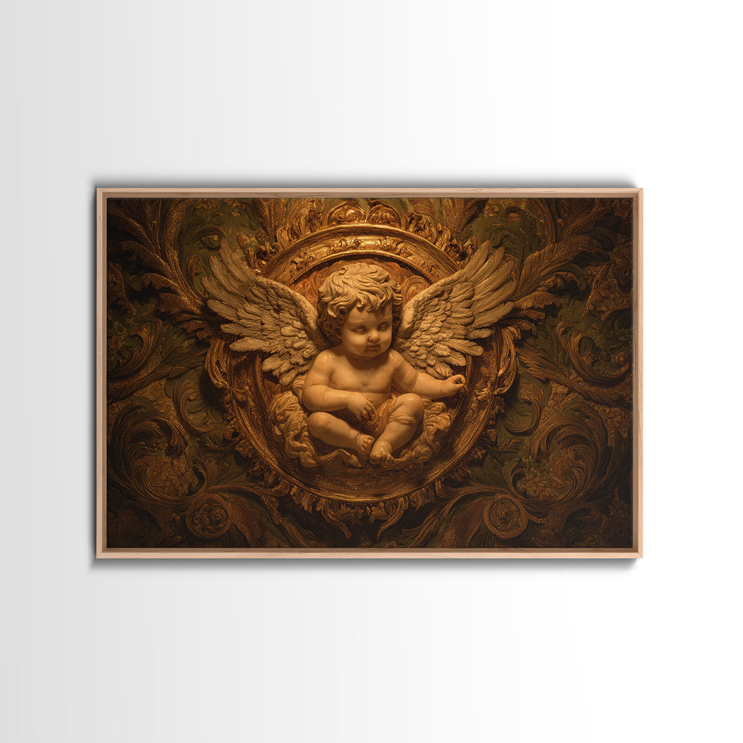 Ornate Cherub Figure Surrounded by Clouds and Canvas Print, Baroque Art, Printable Wall Art, Living Room Decor, Ornate, BAO-3x2-30