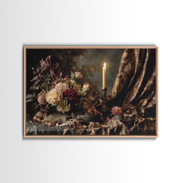 Velvet Drapery with Pearls Flowers and Candlelight Framed Canvas Print, Baroque Art, Painting, Living Room Decor, Ornate, BAO-3x2-31